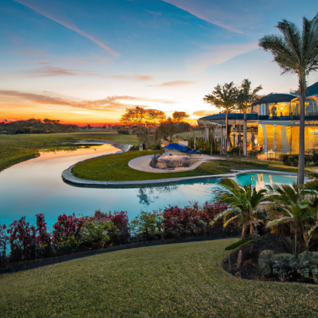 luxury home pool sunset